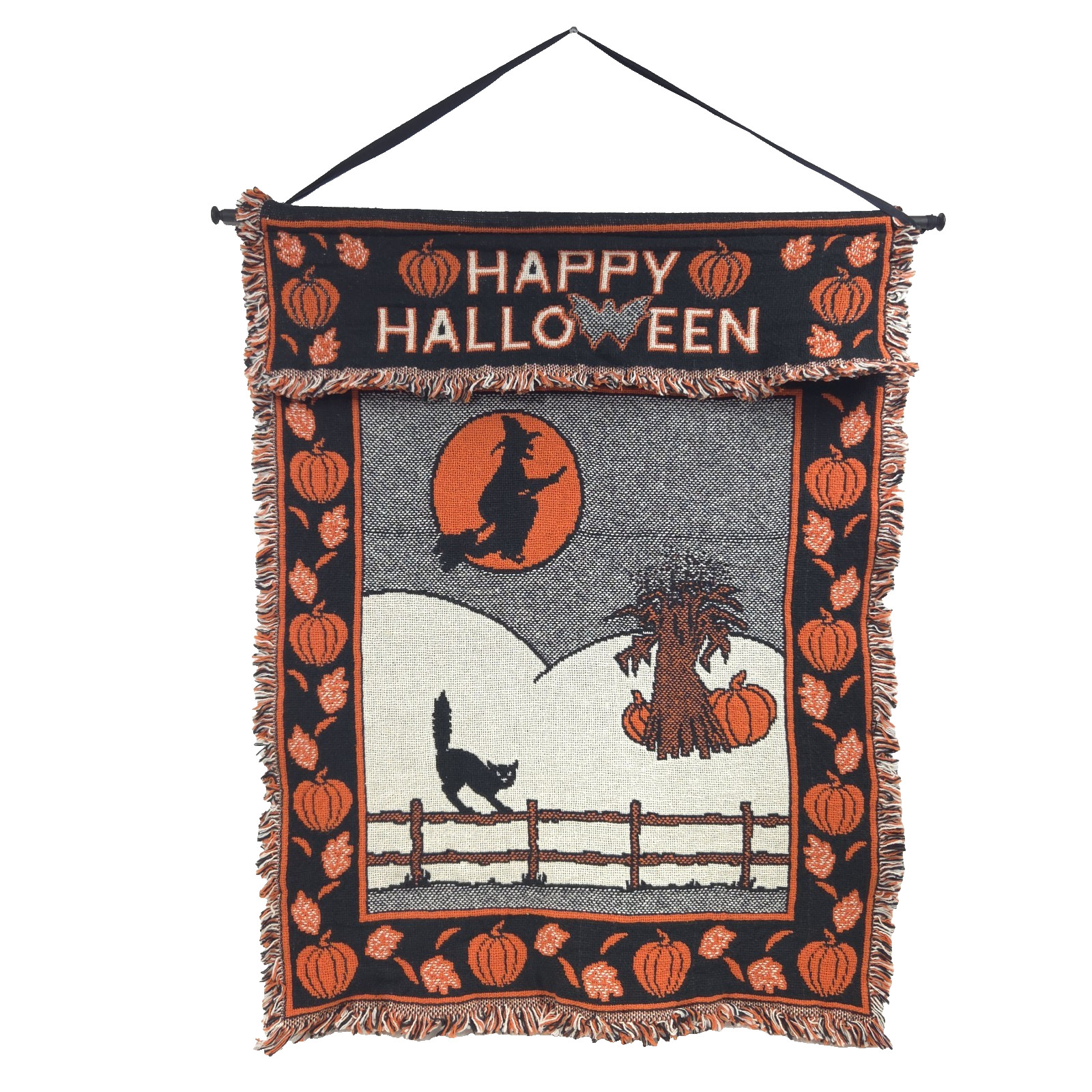 Vtg 90s HAPPY HALLOWEEN Tapestry Woven MWW Wall Hanging WITCH Moon Cat 1991 Rare Vtg 90s HAPPY HALLOWEEN Tapestry Woven MWW Wall Hanging WITCH Moon Cat 1991 Rare