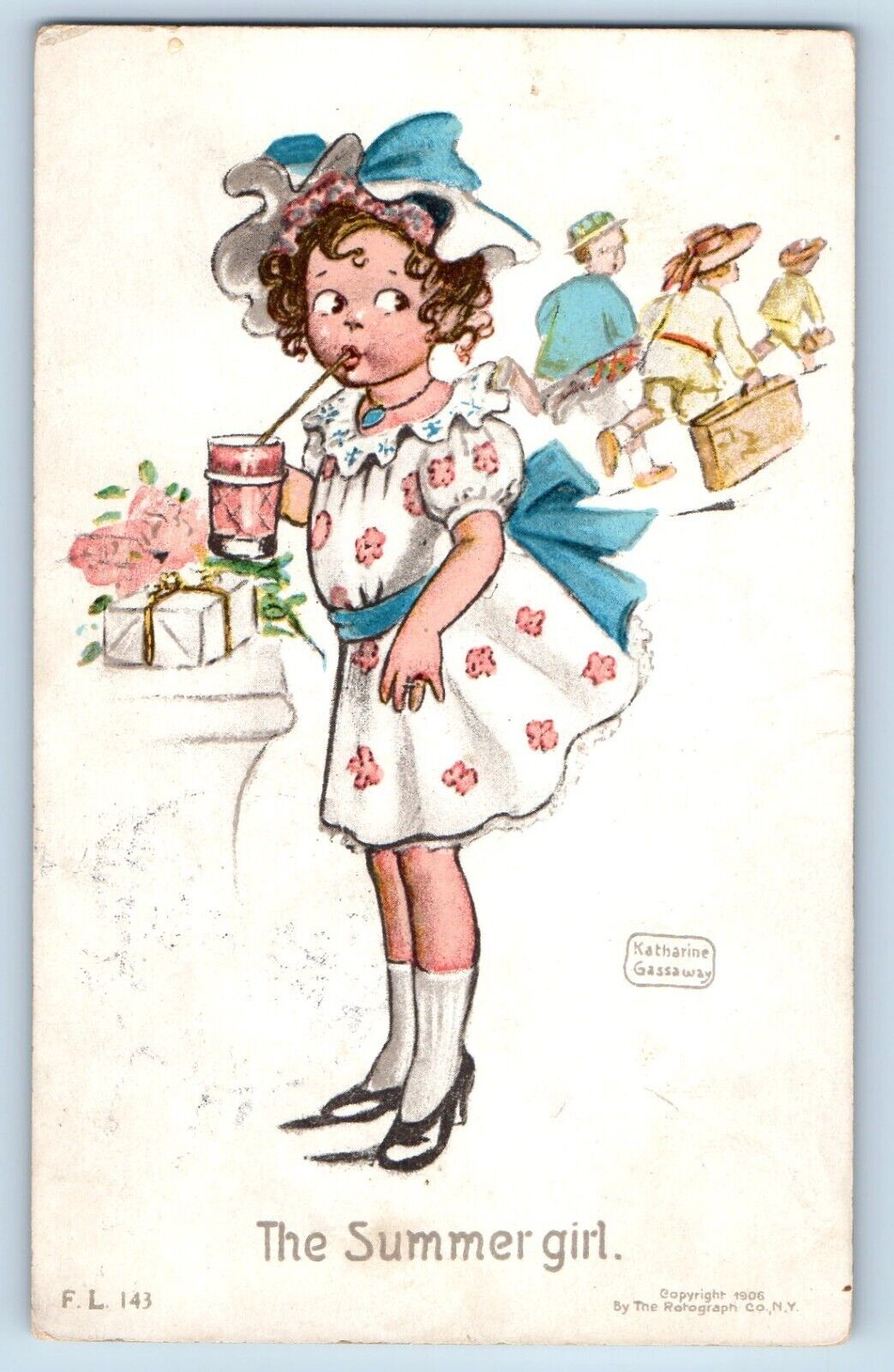 Katharine Gassaway Signed Postcard The Summer Girl Drinking Juice Drake ND 1912