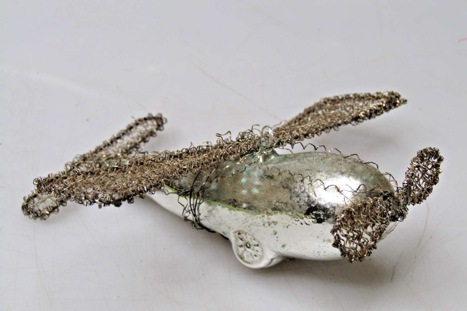 Antique VTG Glass Crinkle Wire Wings Wrapped AIRPLANE Christmas Ornament Germany