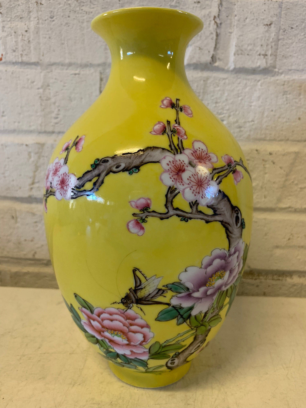 Vintage Chinese Yellow Famille Jaune Porcelain Vase Early Plum Blossom Poem 9" Vintage Chinese Yellow Famille Jaune Porcelain Vase Early Plum Blossom Poem 9"