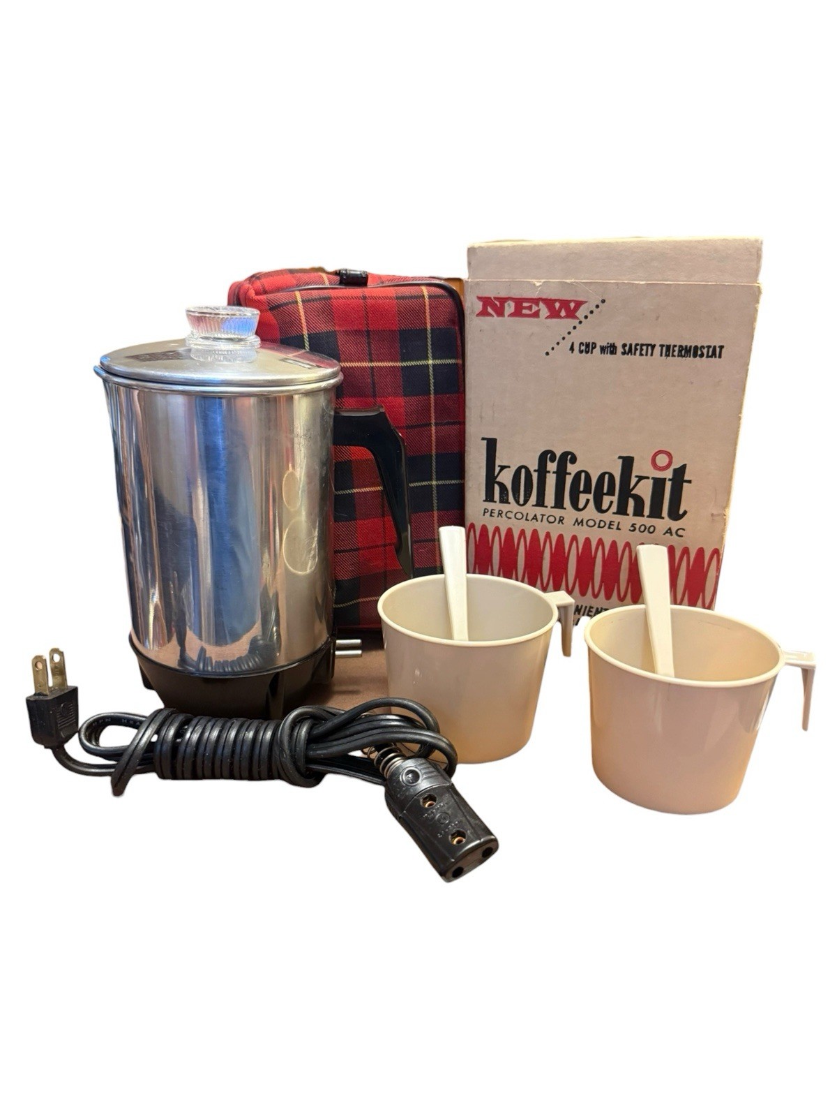 Vintage KoffeeKit Model 500 AC 4 Cup Percolator Bakelite Cups Travel Set Box Vintage KoffeeKit Model 500 AC 4 Cup Percolator Bakelite Cups Travel Set Box