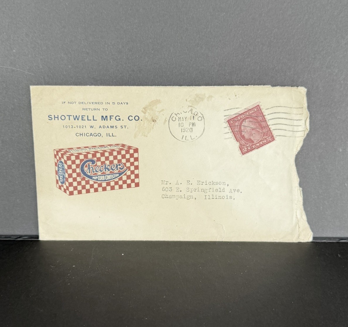 1920 Checkers Pop Corn Candy Confection SHOTWELL MFG. CO. Envelope w/ 2¢ Stamp 1920 Checkers Pop Corn Candy Confection SHOTWELL MFG. CO. Envelope w/ 2¢ Stamp