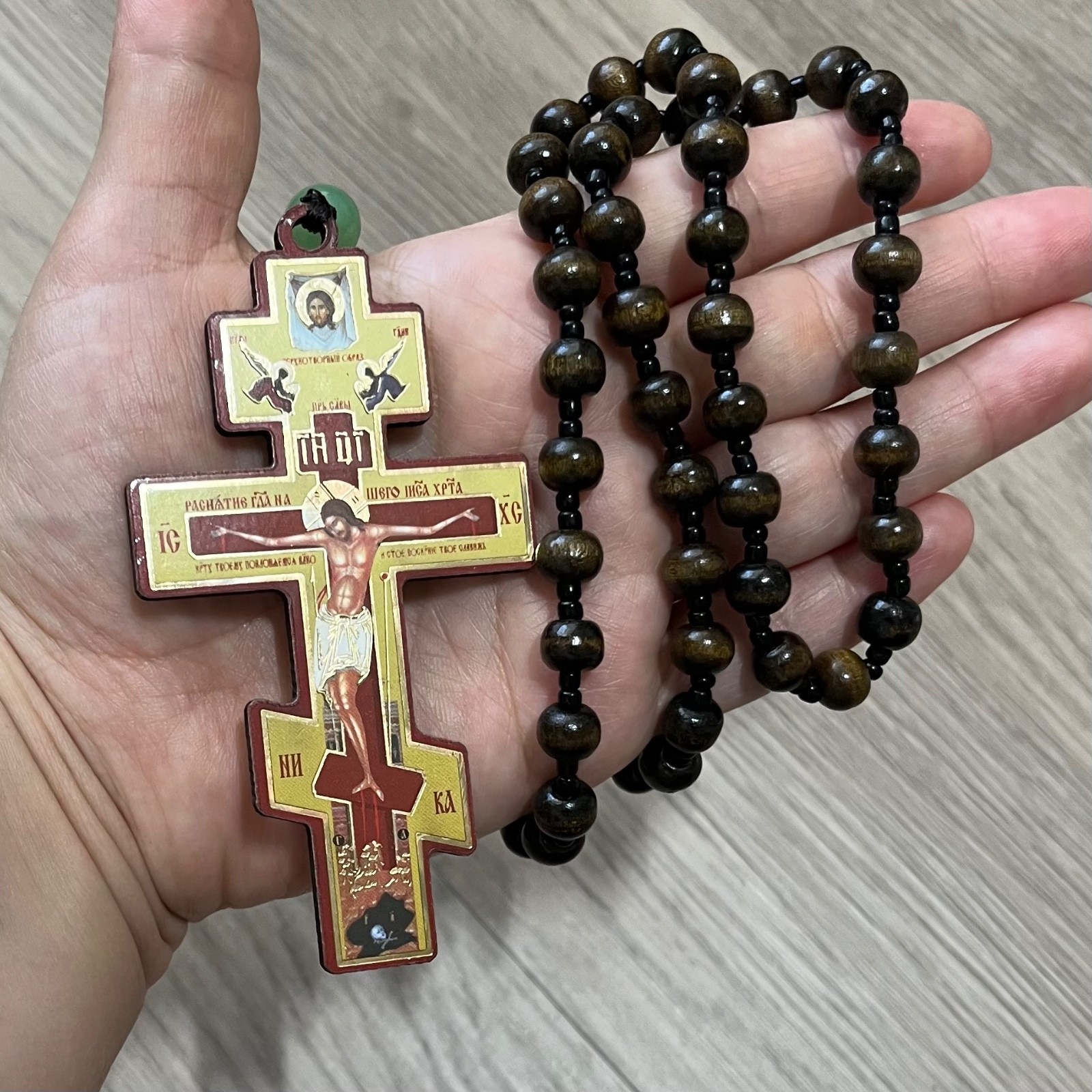 Wood Orthodox Icon Pectoral Cross Crucifix Hang Cord Jesus Christ Byzantine ICXC
