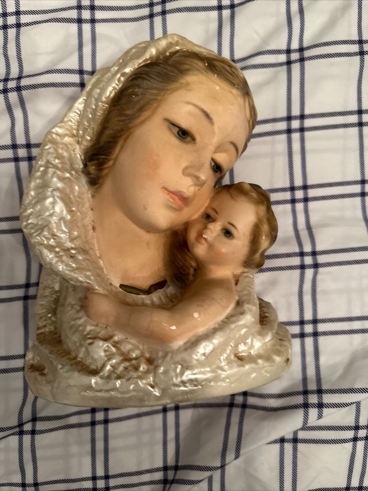 Vintage Chalkware Madonna and Child Statue Italy