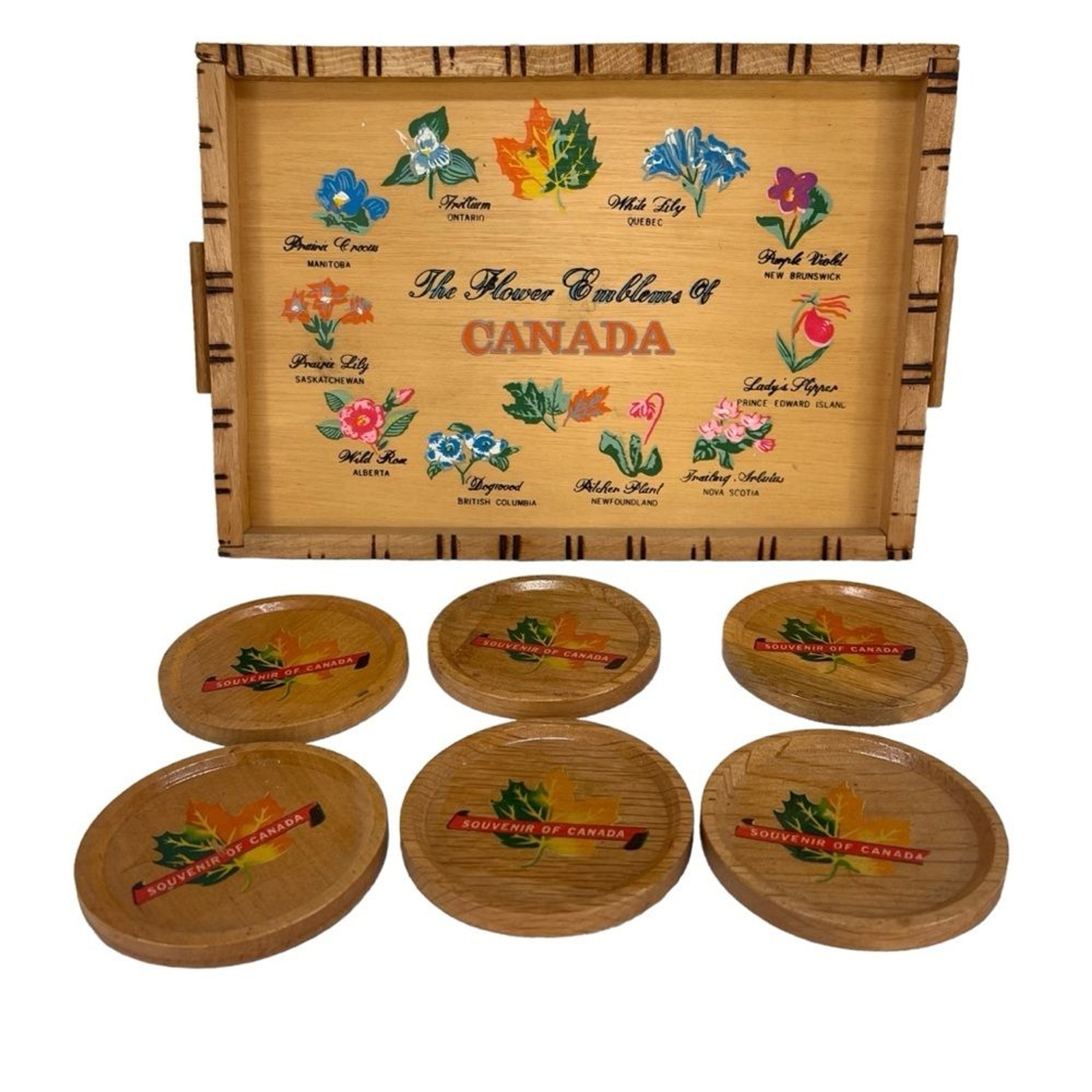 Vintage New Canadian Wooden Serving Tray and 6 Coasters Flowers Souvenir Travel Vintage New Canadian Wooden Serving Tray and 6 Coasters Flowers Souvenir Travel