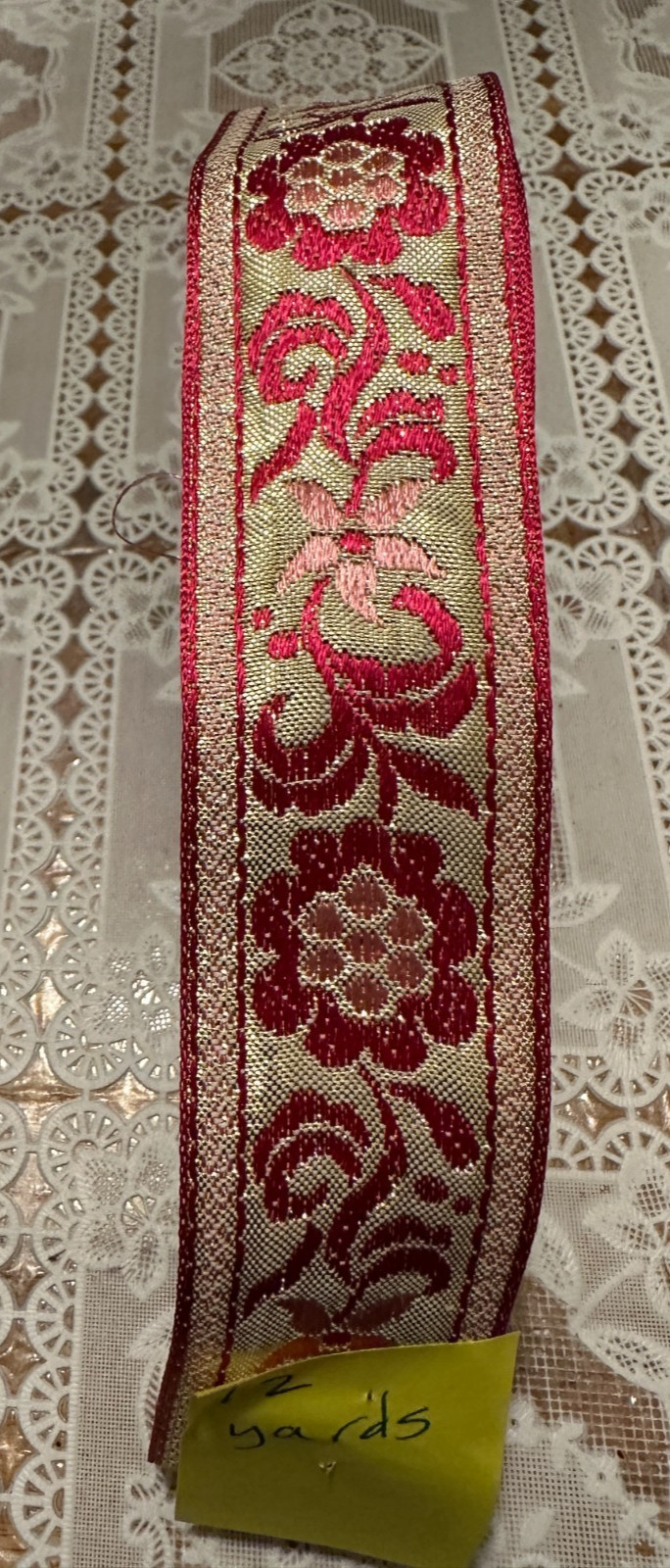 Fabric Trim Woven Boho Hippie Vintage 1970s Pink Gold Brocade 1.5" Wide 12 Yds