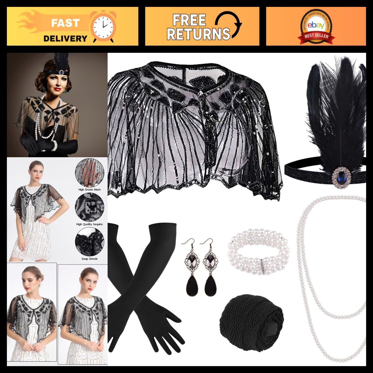 ELECLAND 10 Pieces 1920s Flapper Gatsby Accessories Set for Women ELECLAND 10 Pieces 1920s Flapper Gatsby Accessories Set for Women