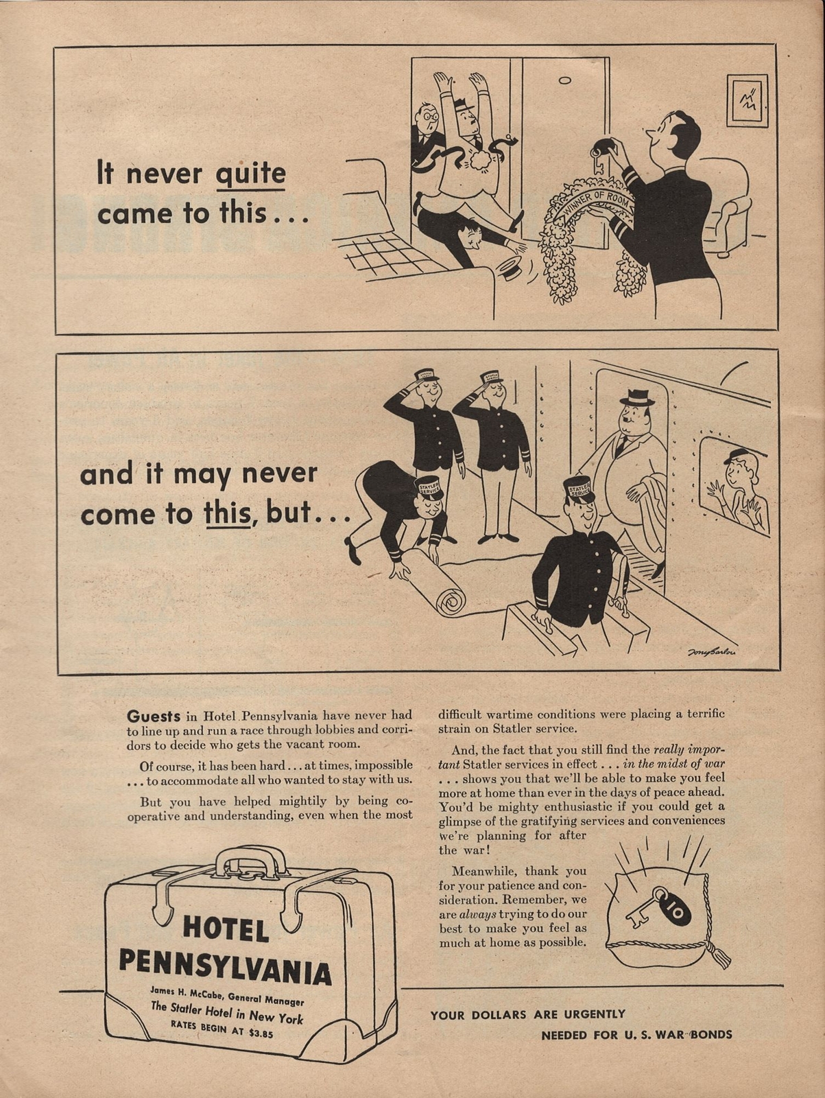Vintage 1945 Hotel Pennsylvania War Bond Advertisement Print Ad Statler Hotel u