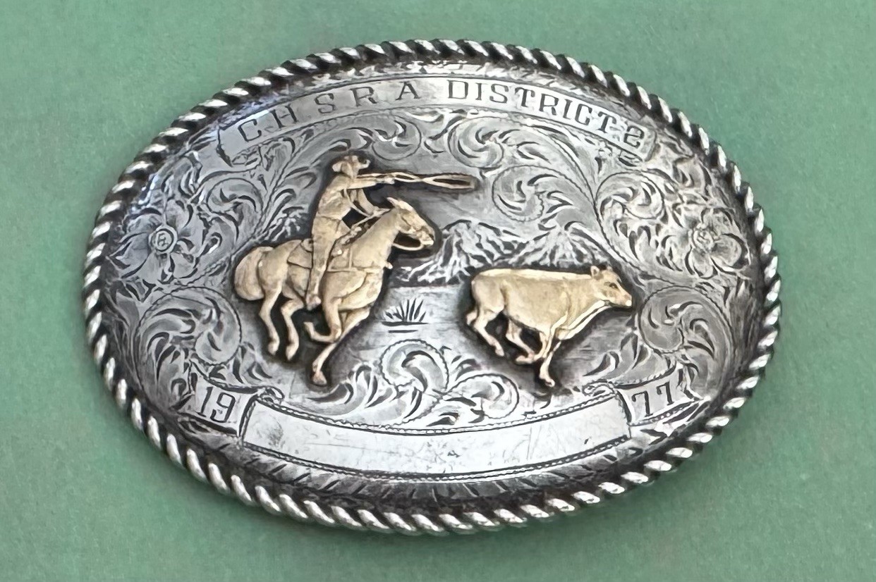 VTG SCHAEZLEIN Sterling Silver & Gold 1977 CHSRA Calf Roping Trophy Belt Buckle VTG SCHAEZLEIN Sterling Silver & Gold 1977 CHSRA Calf Roping Trophy Belt Buckle