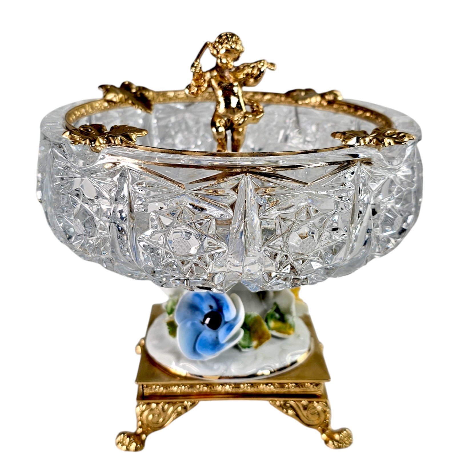 VTG Baroque Regency Crystal Pedestal Gilded Ashtray Cherub Porcelain Flowers 6" VTG Baroque Regency Crystal Pedestal Gilded Ashtray Cherub Porcelain Flowers 6"