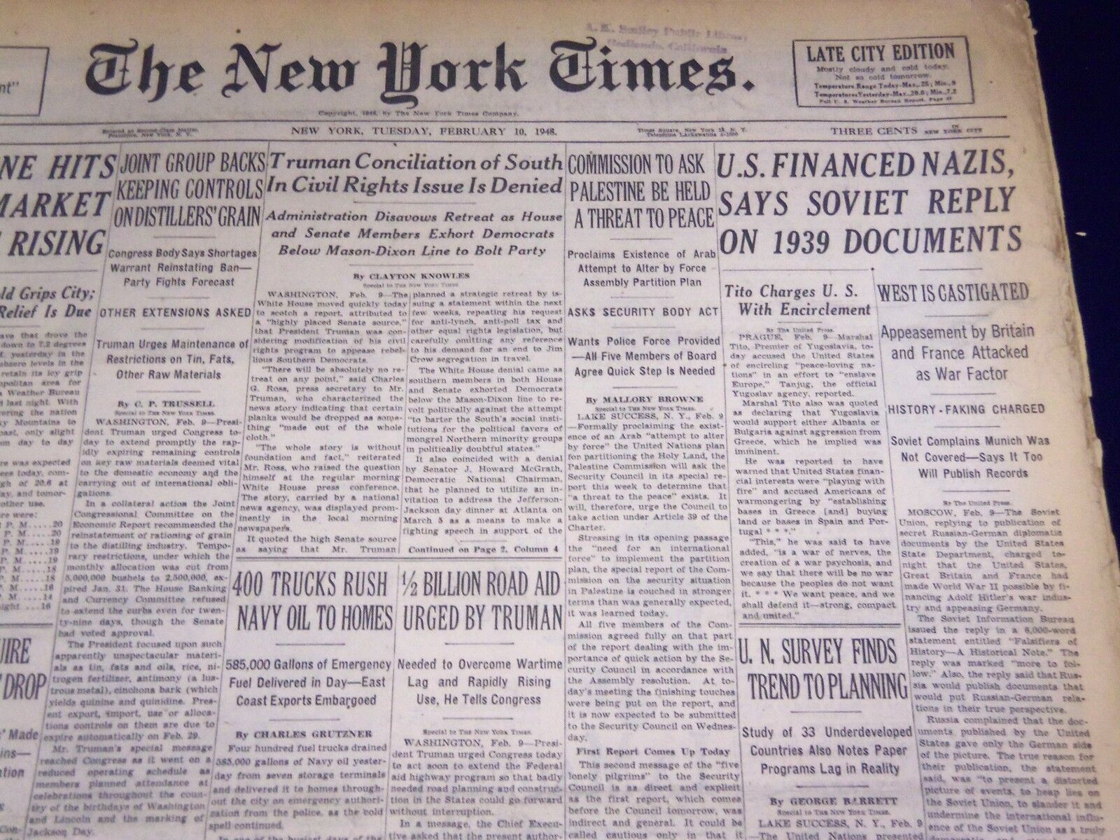 1948 FEBRUARY 10 NEW YORK TIMES - U. S. FINANCED NAZIS SAY SOVIET - NT 3535