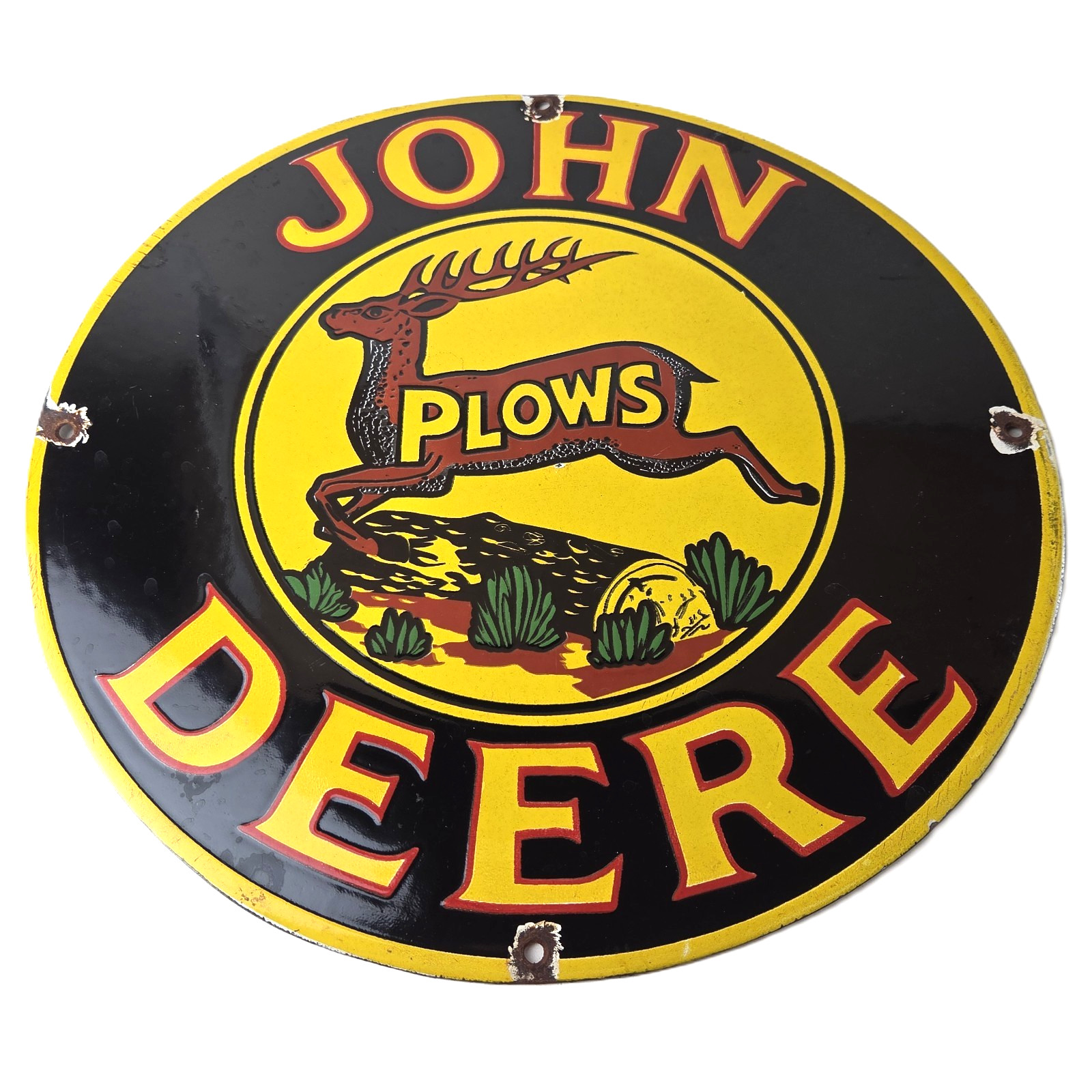 Vintage John Deere Plows Porcelain Sign - Leaping Deer Logo Sign Vintage John Deere Plows Porcelain Sign - Leaping Deer Logo Sign