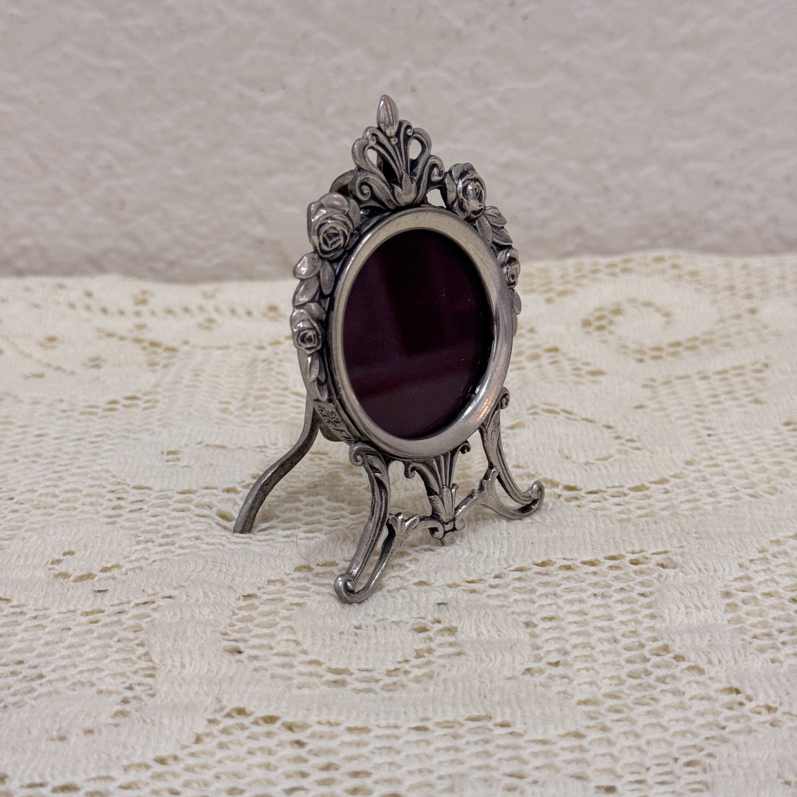 Vintage Elias Fine Pewter 1983 Sterling Pewter Oval Rose Picture Frame #1730