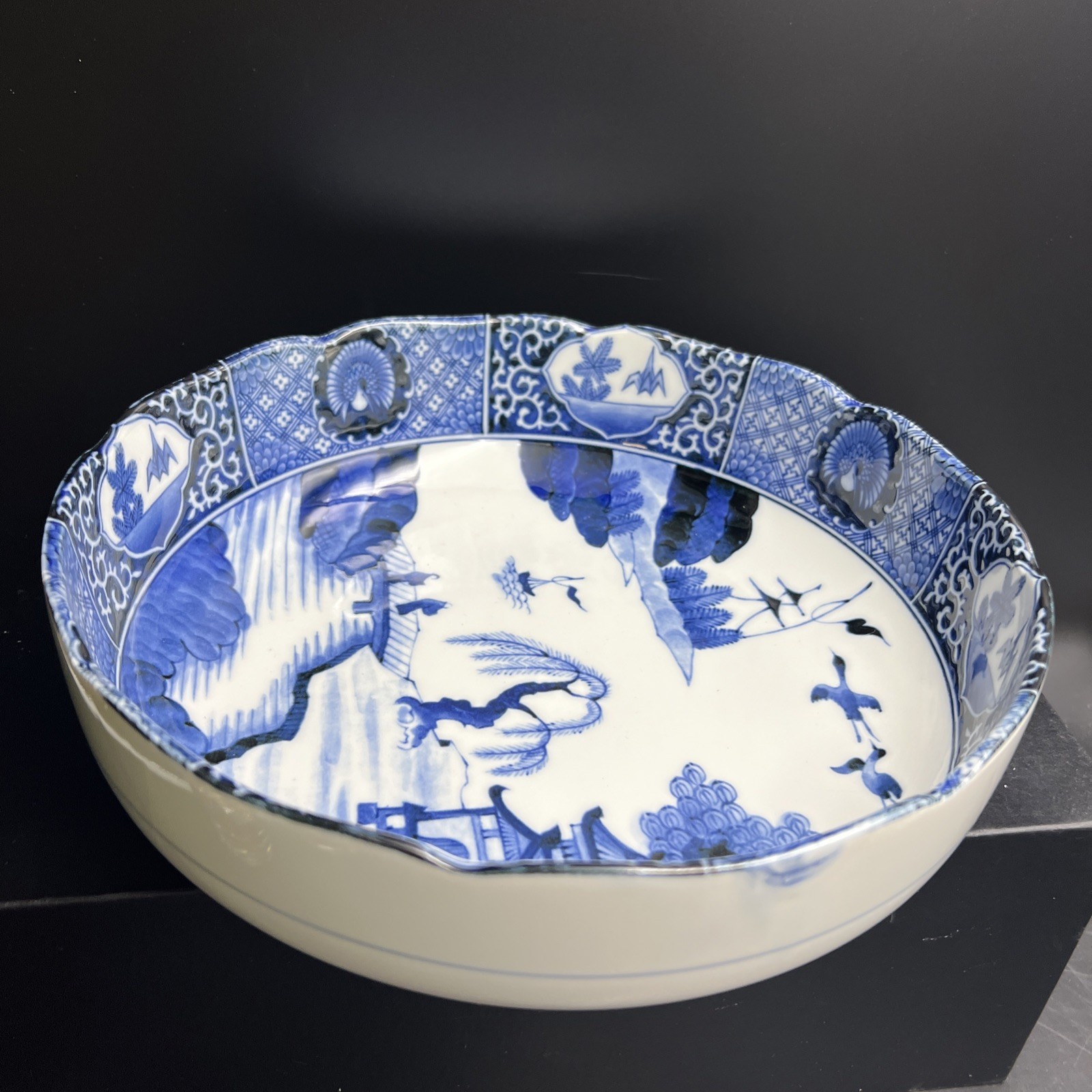 VTG Japanese Hand Painted Signed Blue Imari Porcelain 10" Serving Rice Soup Bowl