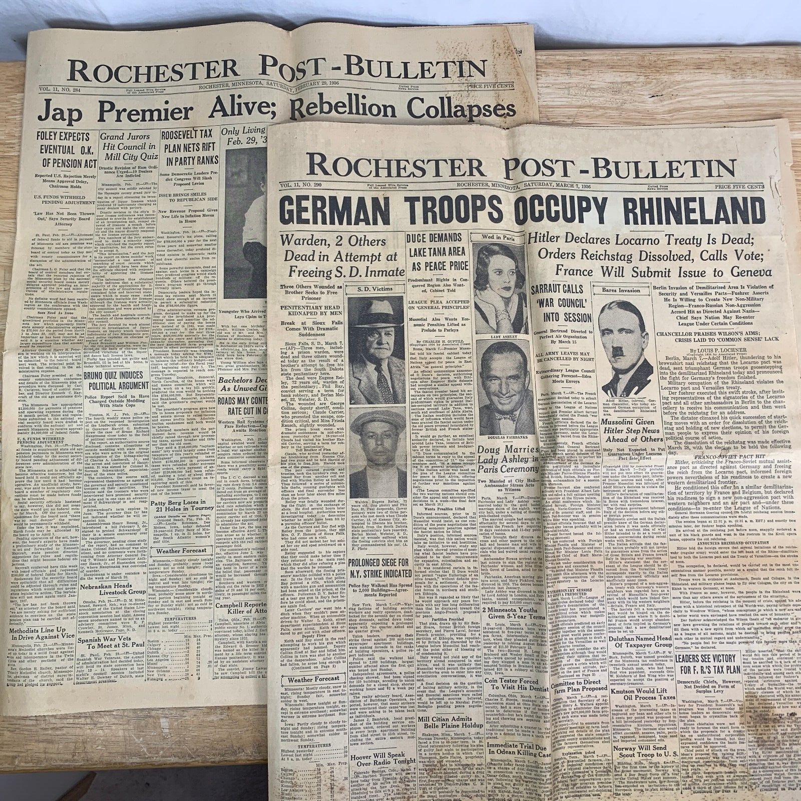 Vtg 1936 Pre WW2 Rochester Post Bulletin Newspaper Hitler Germany Japan Lot of 2