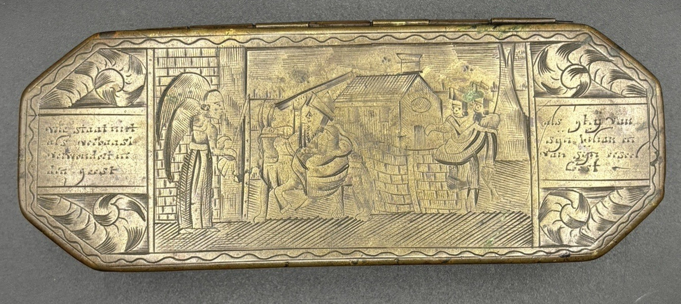 Antique 18th C Dutch Brass Tobacco Box Biblical Scenes 12 Apostles Engraved Antique 18th C Dutch Brass Tobacco Box Biblical Scenes 12 Apostles Engraved