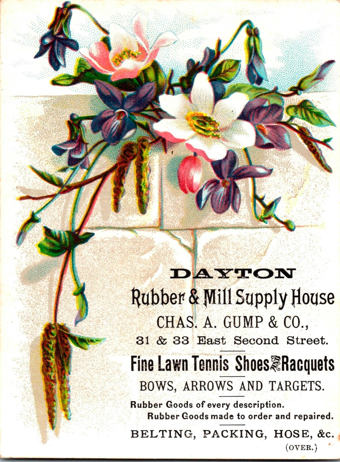 Vintage Beautiful Flowers Tennis Shoes & Racquets Victorian Trade Card Dayton,OH Vintage Beautiful Flowers Tennis Shoes & Racquets Victorian Trade Card Dayton,OH
