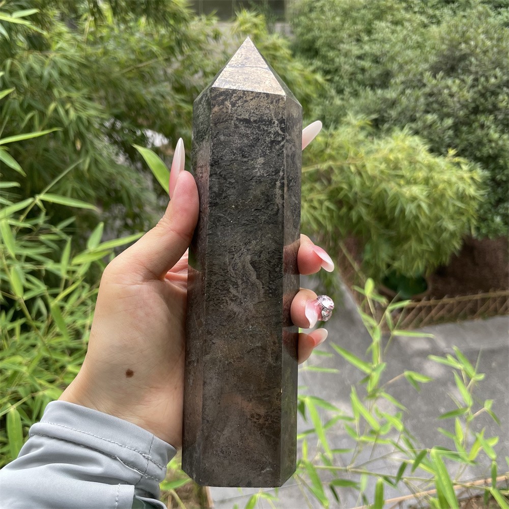 3.1LB 8.2" Natural Pyrite Obelisk Quartz Crystal Tower Point Healing Decor
