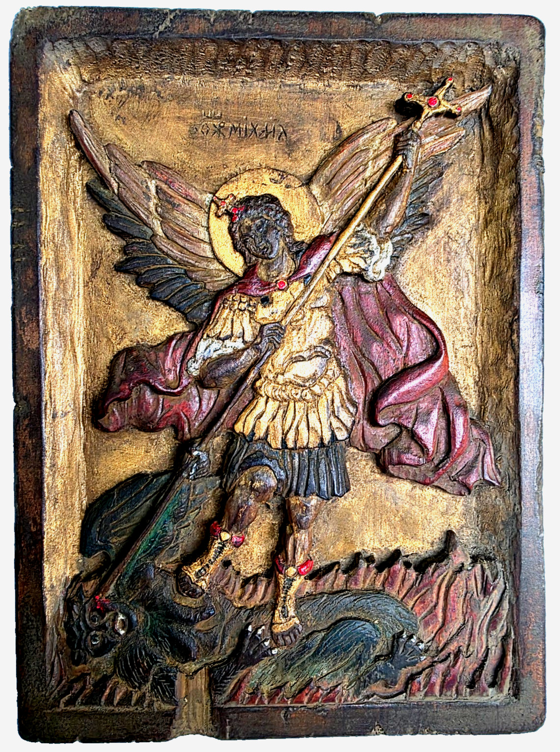 17th Cretan Archangel Michael icon Antique wood carved Greek Dated Museum Grade