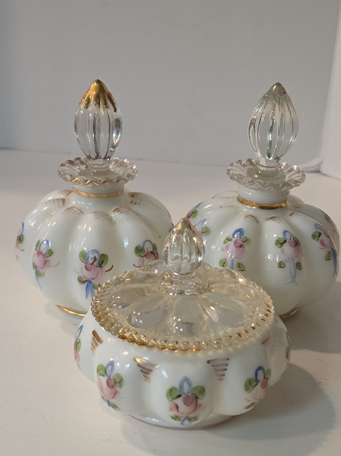 VTG Fenton Charlton Rose Milk Glass Perfume Bottles & Powder Box Hand Decorated VTG Fenton Charlton Rose Milk Glass Perfume Bottles & Powder Box Hand Decorated