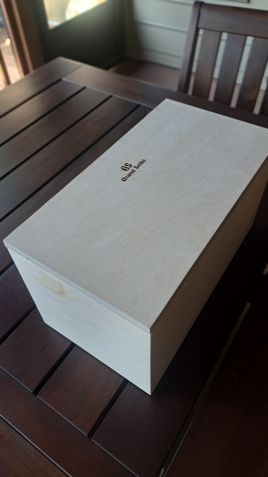 Grand Seiko Hinged Natural Wooden Box w/ Metal Hinges. Logo Branded.
