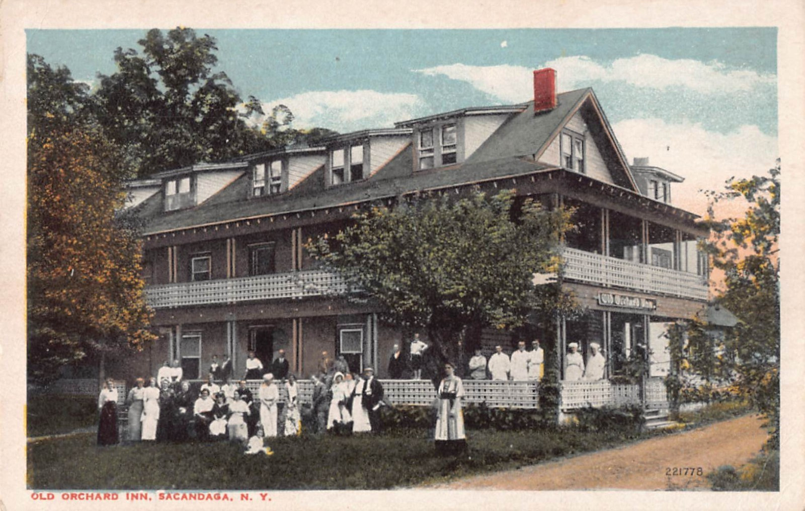 Crowds on or Near Porches of the Old Orchard Inn, Sacandaga, New York-Old PC Crowds on or Near Porches of the Old Orchard Inn, Sacandaga, New York-Old PC