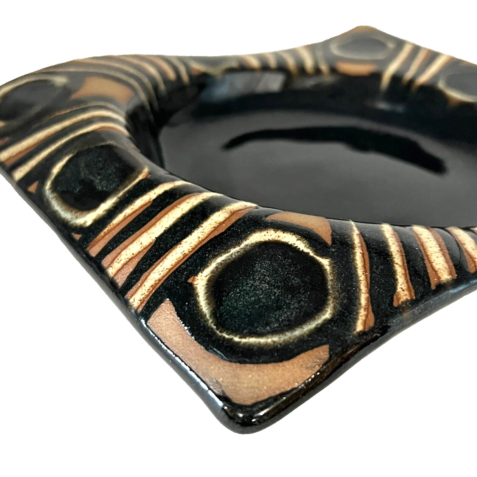 Black & Brown Circle Striped Design Wavy Shallow Pottery Bowl Artist Signed
