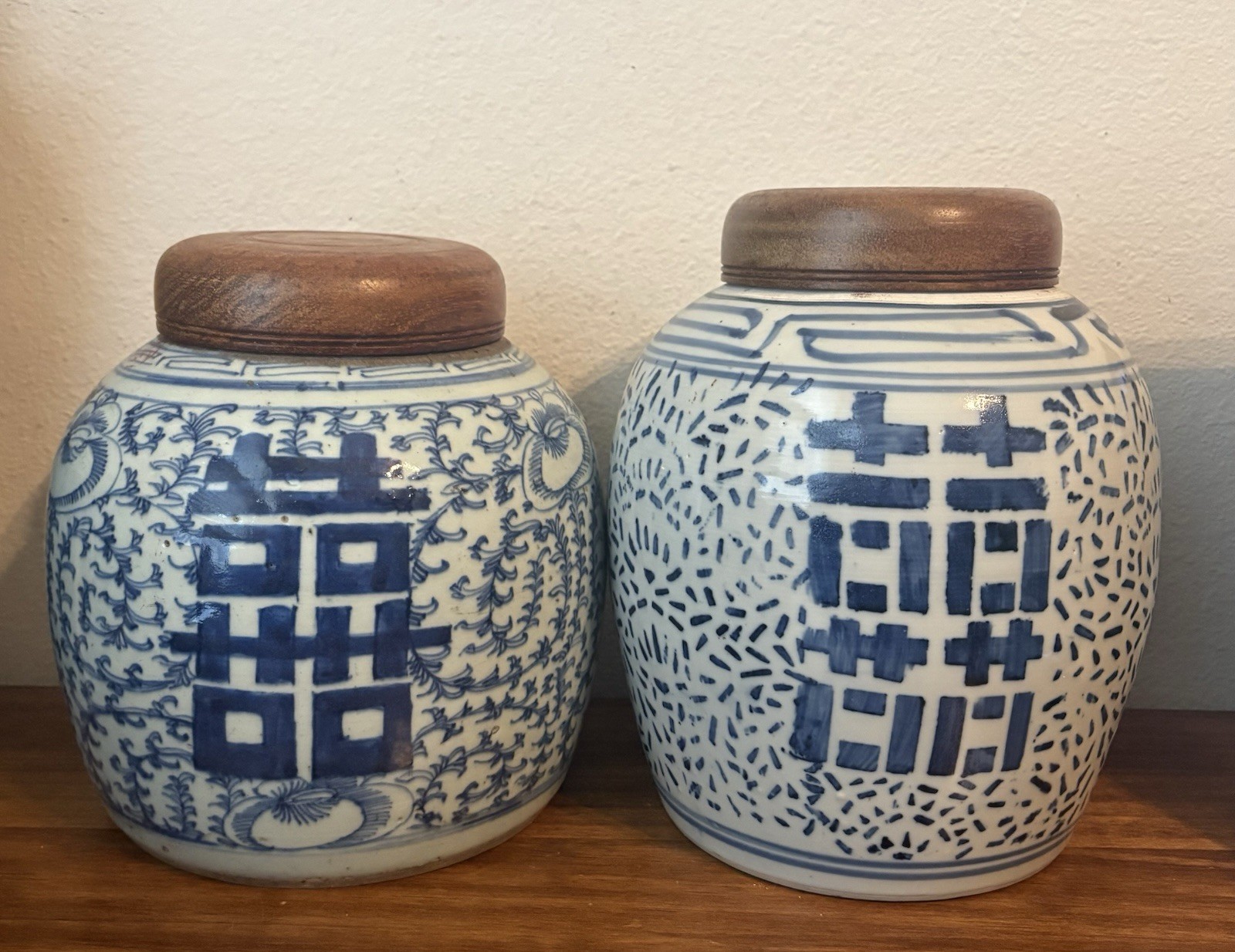 PAIR Antique Chinese Blue & White Porcelain Double Happiness Ginger Jars w Lids PAIR Antique Chinese Blue & White Porcelain Double Happiness Ginger Jars w Lids