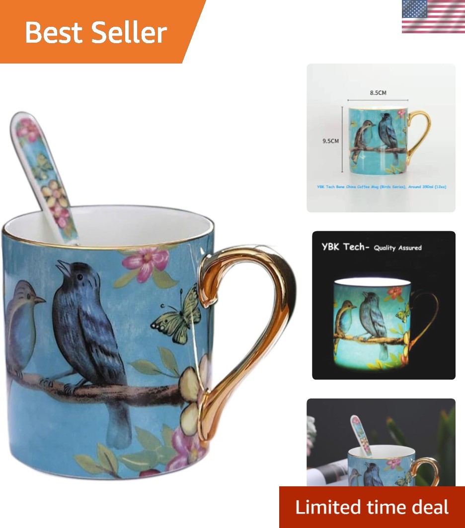 Stylish 12oz Bone China Tea Mug with Birds Design – Ideal Gift for Loved Ones