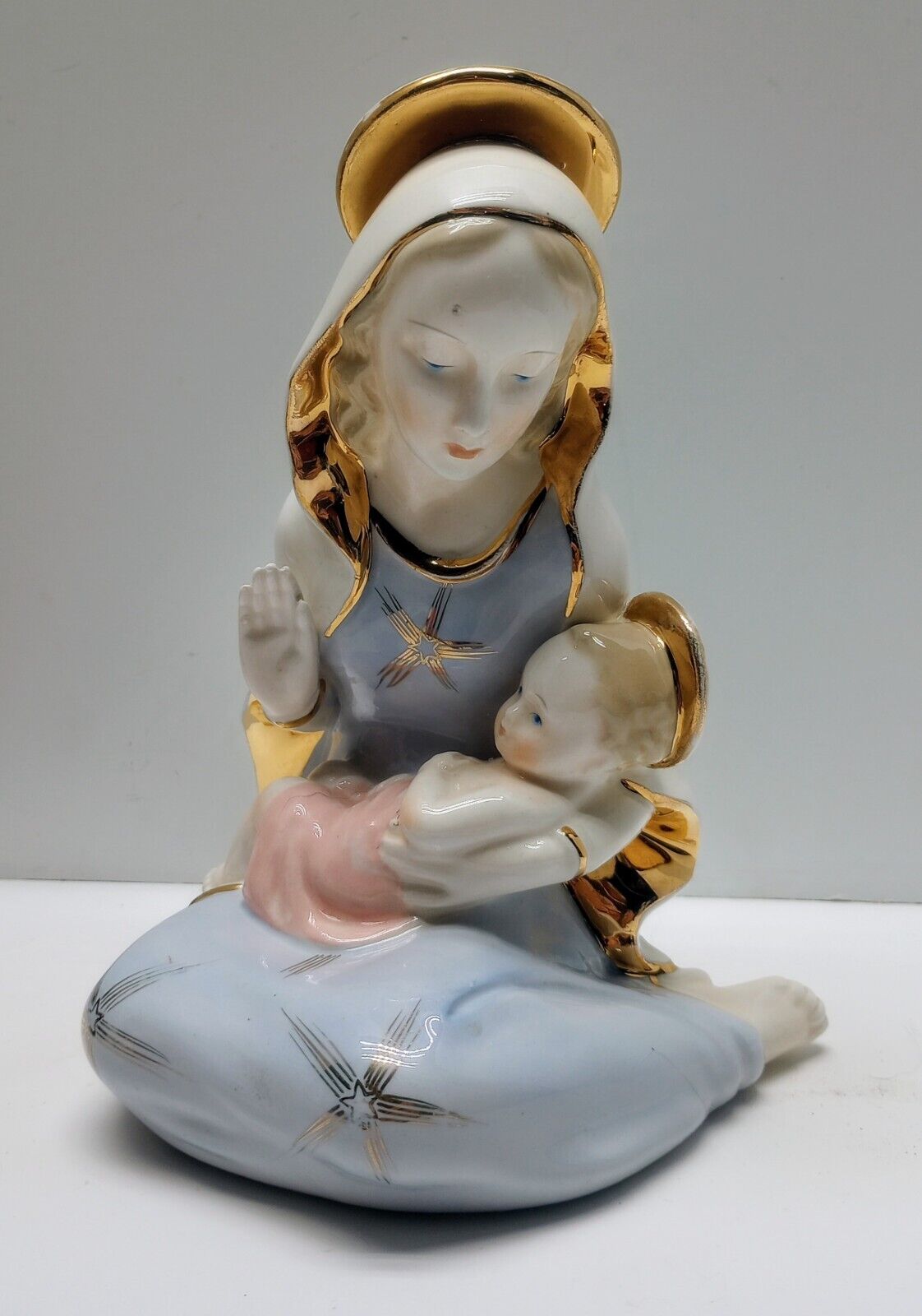 Beautiful Vintage Catholic Mother Mary Madonna Baby Jesus Porcelain Gold Blue