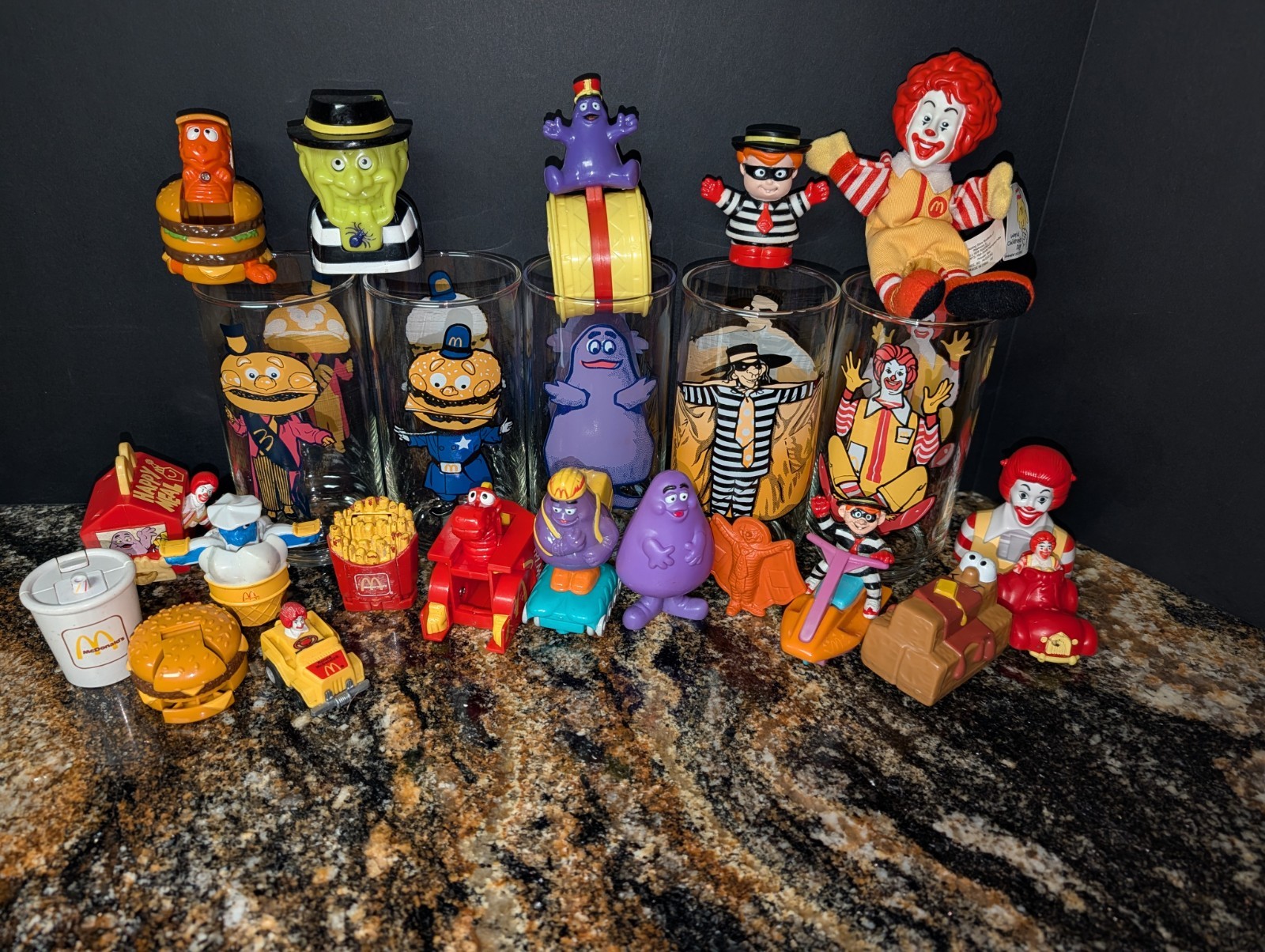 Five VTG McDonald's Glasses, And Multiple Vintage Toys Happy Meal Collectibles Five VTG McDonald's Glasses, And Multiple Vintage Toys Happy Meal Collectibles
