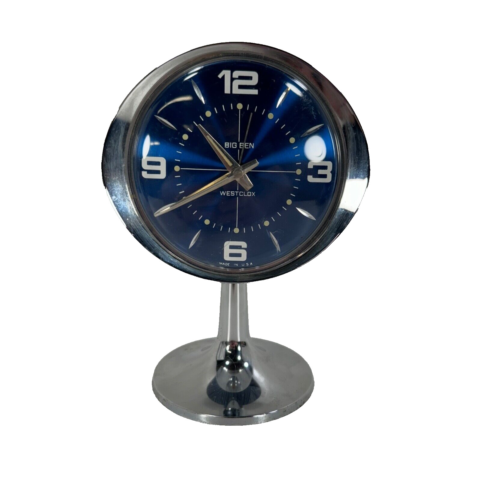 Vintage Mid Century Westclox Big Ben Stardust Blue Chrome Tulip Clock - Working