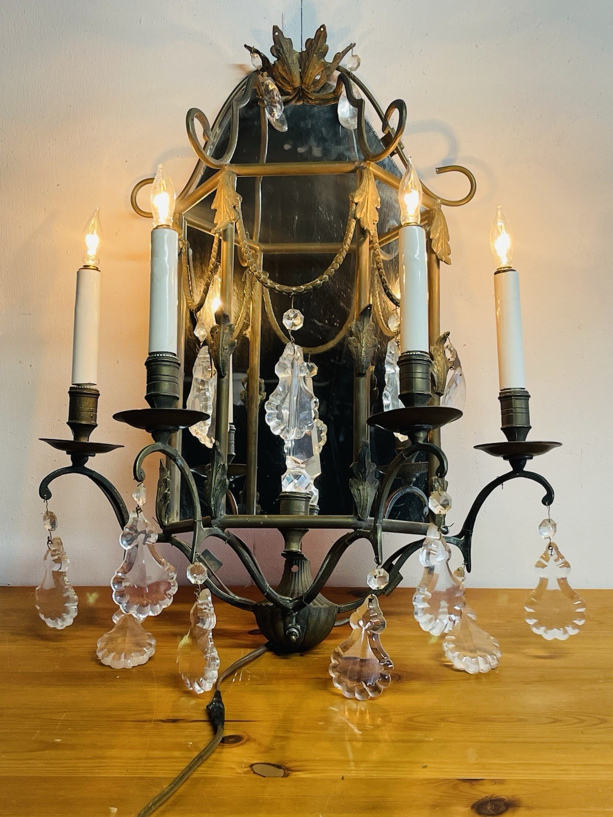 Antique French Style Bronze Mirror Wall Sconce Pair Crystal Prism Drops Antique French Style Bronze Mirror Wall Sconce Pair Crystal Prism Drops