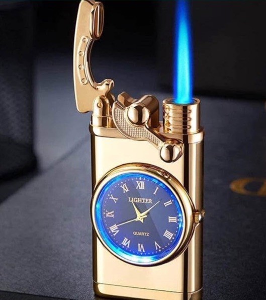 Gold Butane Lighter with Quartz Clock Roman Numerals Collectible Gold Butane Lighter with Quartz Clock Roman Numerals Collectible
