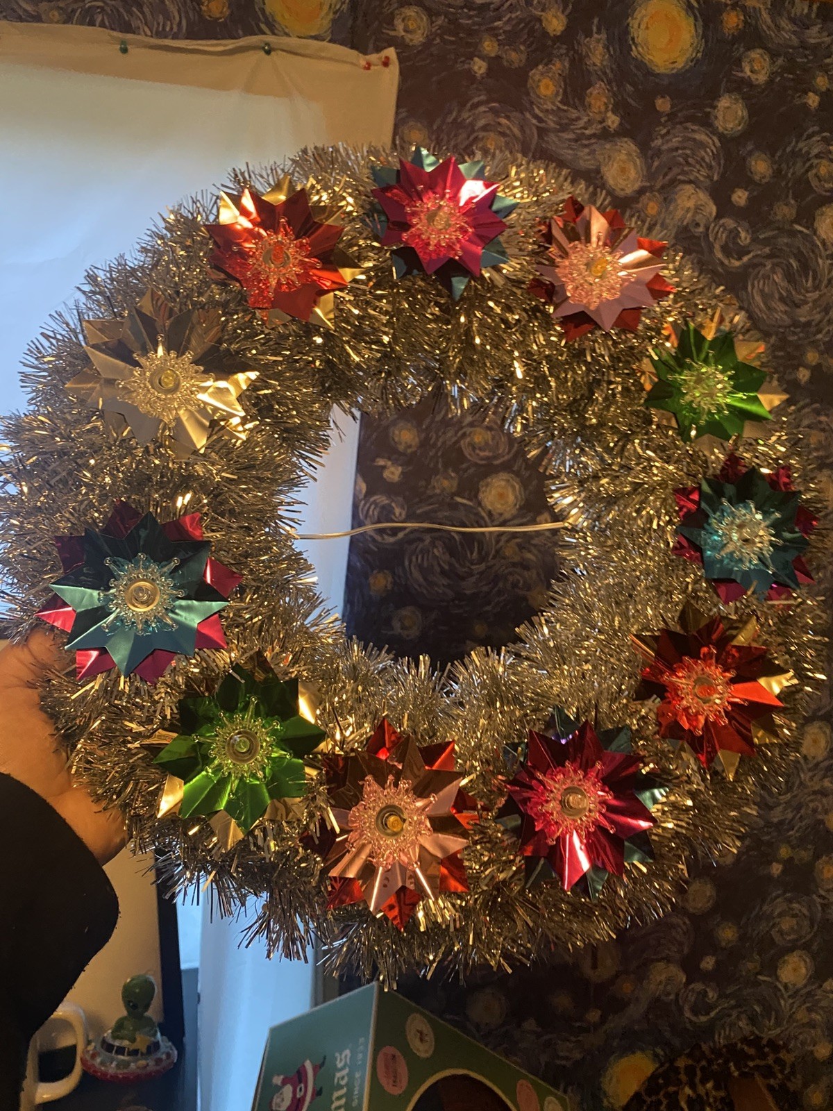 Mr Christmas 16” Tinsel Wreath Viral TikTok Lighted Retro Decor NO MUSIC