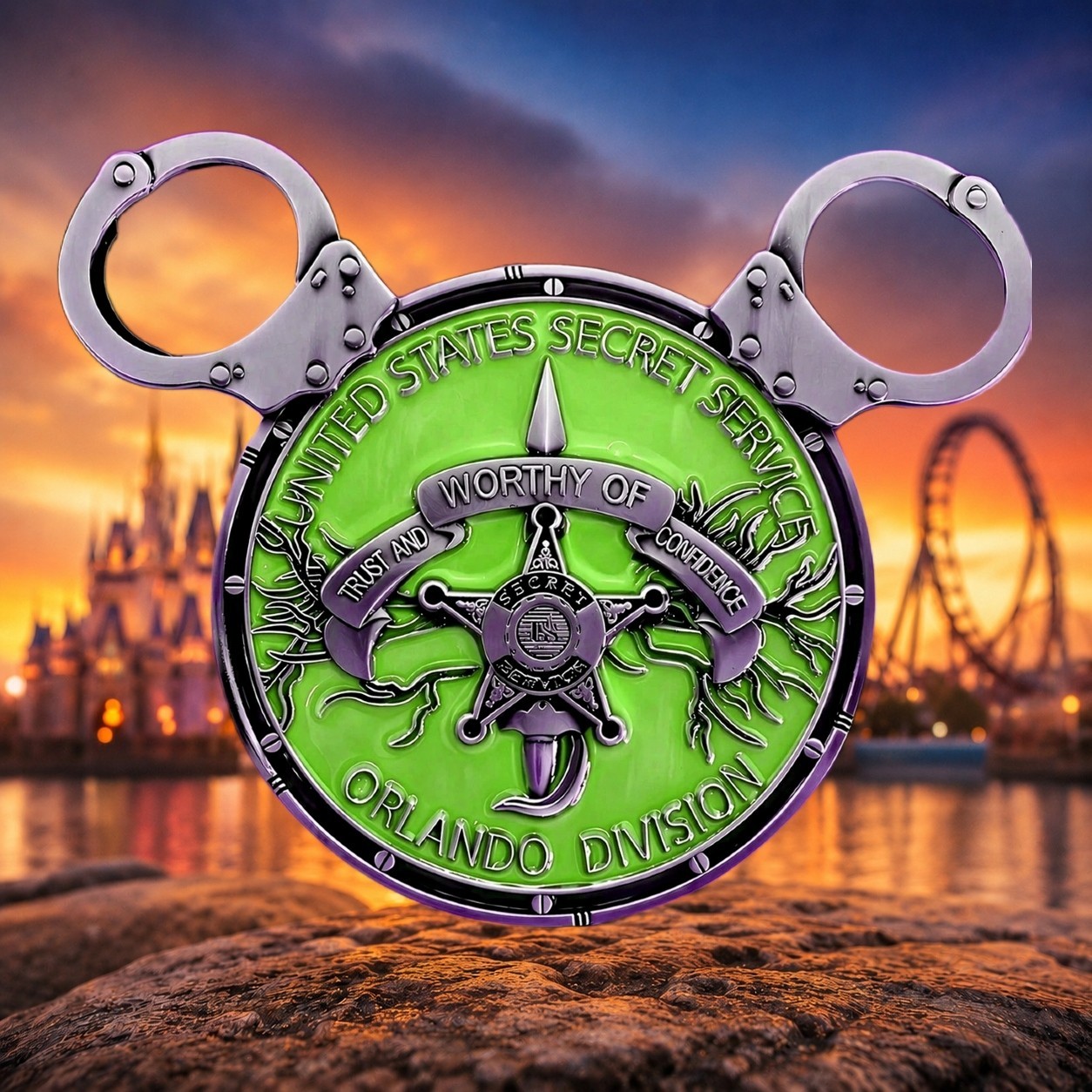 🔥US Secret Service Disneyworld Orlando Office Lime Green Mickey Challenge Coin 🔥US Secret Service Disneyworld Orlando Office Lime Green Mickey Challenge Coin