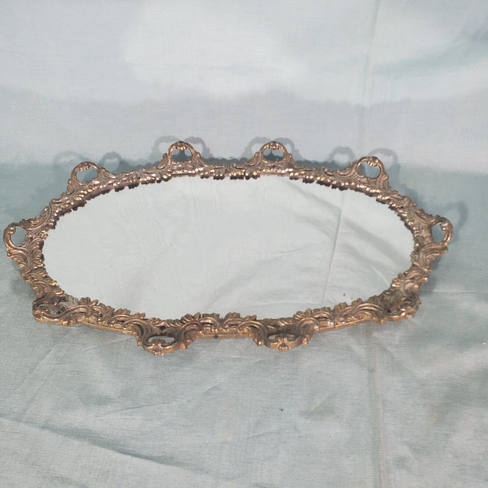 Antique Victorian Ornate Brass Rounded Rectangular Vanity Table Dresser Mirror