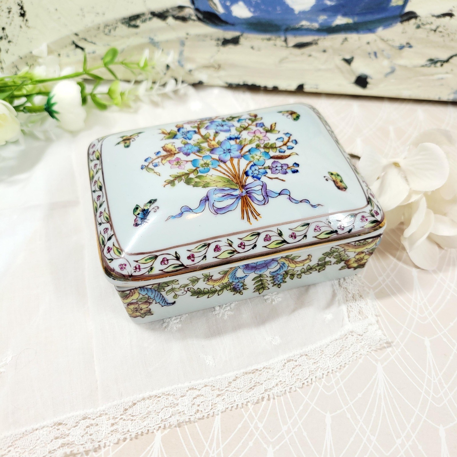 Adele Carey Hand Painted Porcelain Trinket Box Vintage Floral Butterfly Adele Carey Hand Painted Porcelain Trinket Box Vintage Floral Butterfly