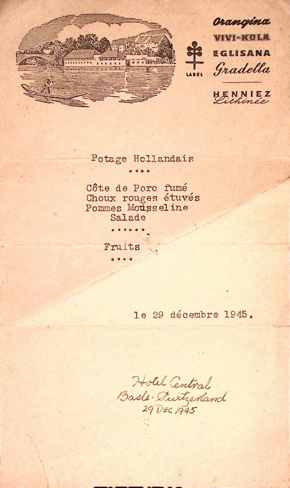 1945 Hotel Central Basel Switzerland Restaurant Menu Dinner Ephemera 1945 Hotel Central Basel Switzerland Restaurant Menu Dinner Ephemera