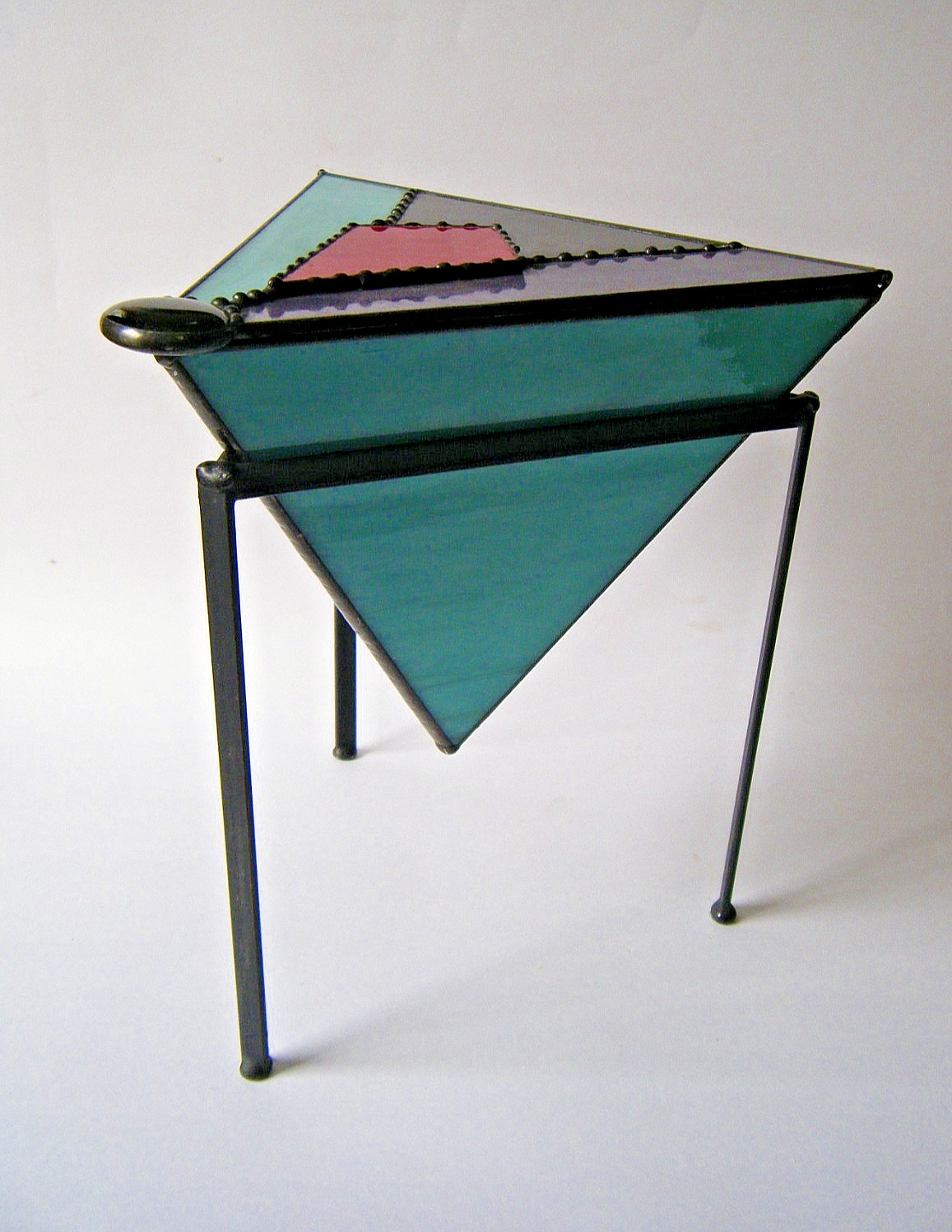 Vintage Kidd 94 Postmodern Memphis Unique Stained Glass Pyramid Box & Iron Stand Vintage Kidd 94 Postmodern Memphis Unique Stained Glass Pyramid Box & Iron Stand