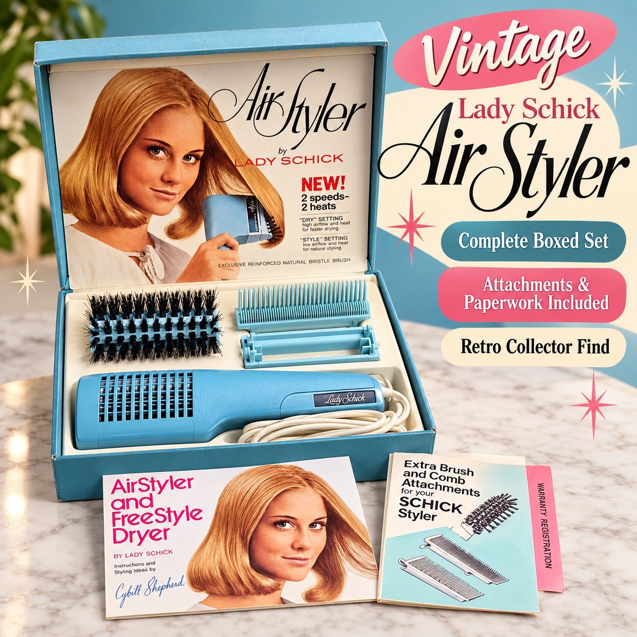 Vintage Lady Schick Air Styler Cybill Shepherd Complete Box Attachments 1970s