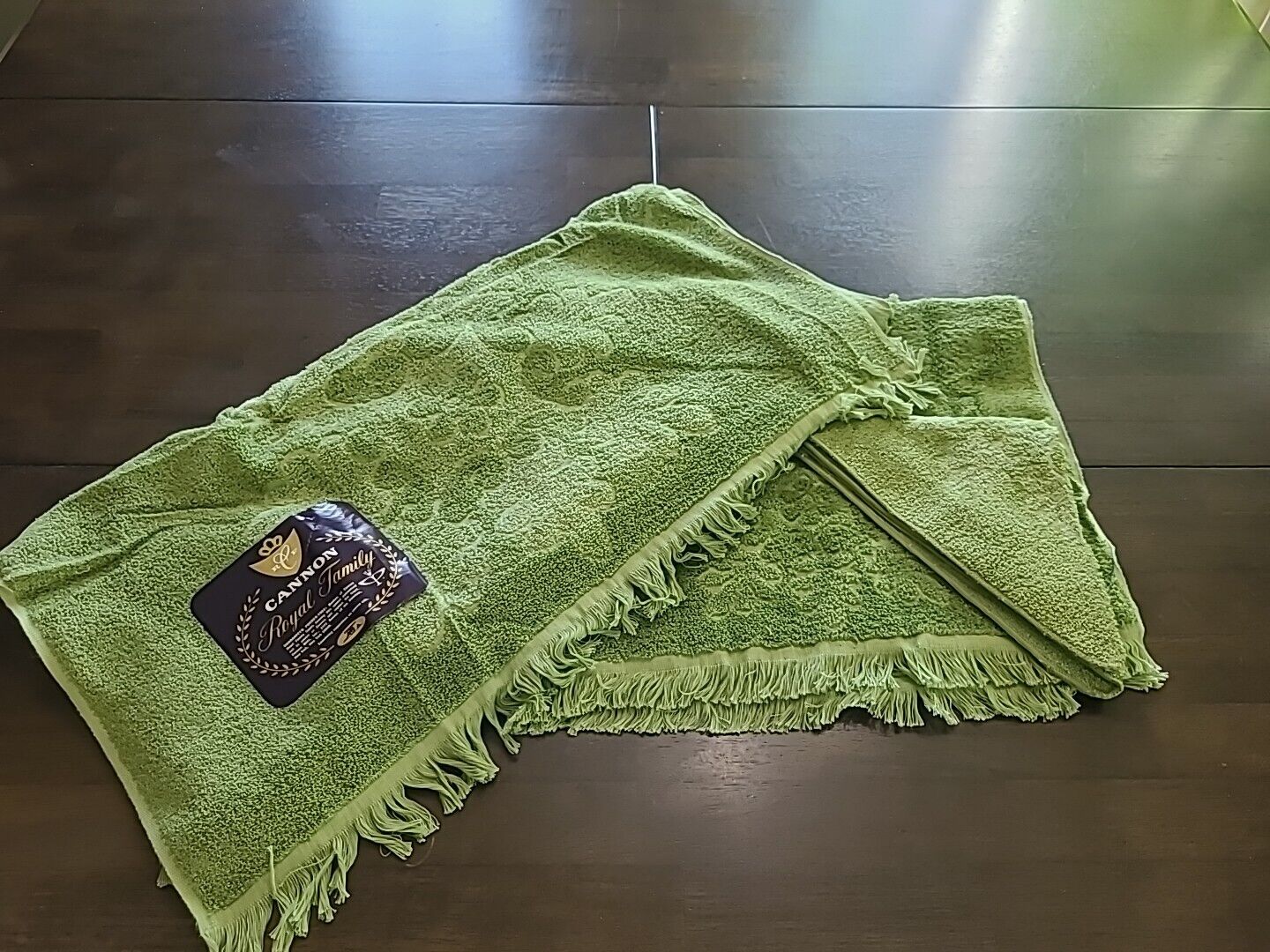 Vintage Cannon Royal Family 3 Pc Bath Towel Set Avocado Green Fringe Sculpted 