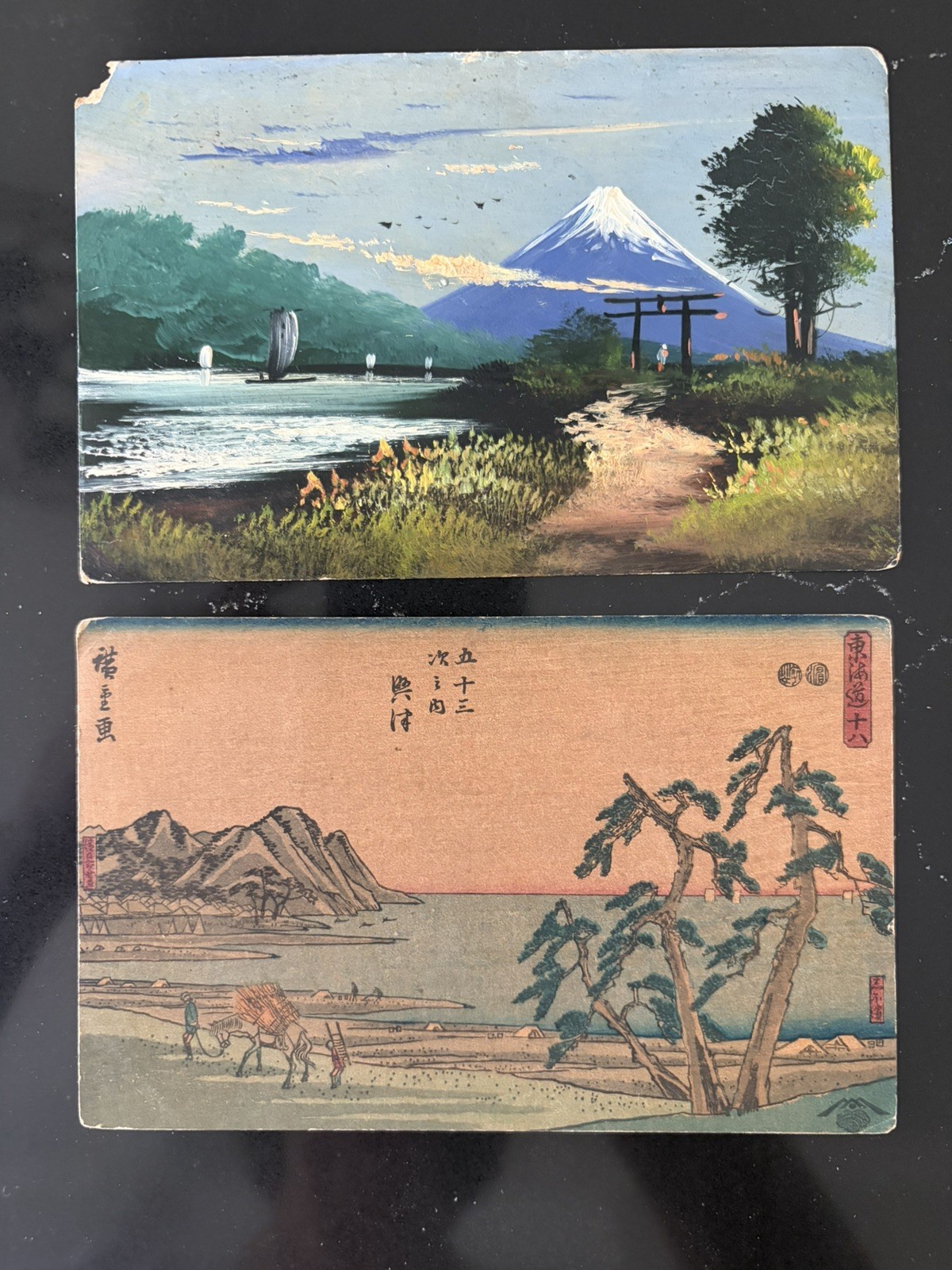 2 Vintage Japan Postcards 1928 1938 Mt Fuji Hand Painted Tokaido Okitsu Ukiyo-e 2 Vintage Japan Postcards 1928 1938 Mt Fuji Hand Painted Tokaido Okitsu Ukiyo-e