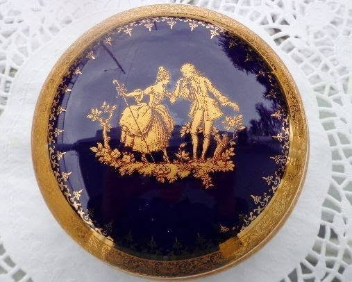 Limoges, France~ Courting Couple Scene, Cobalt with Gold Filigree Trinket/ Powde Limoges, France~ Courting Couple Scene, Cobalt with Gold Filigree Trinket/ Powde