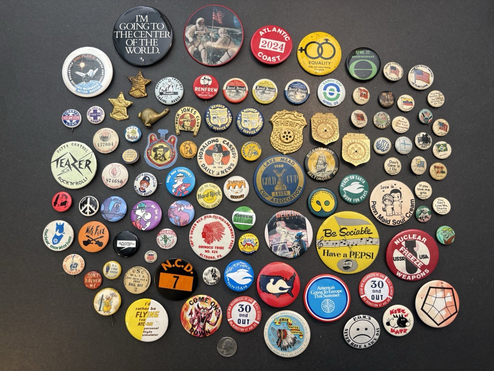 Huge Odd Lot Of 97 Pin Back Button Pins Huge Odd Lot Of 97 Pin Back Button Pins