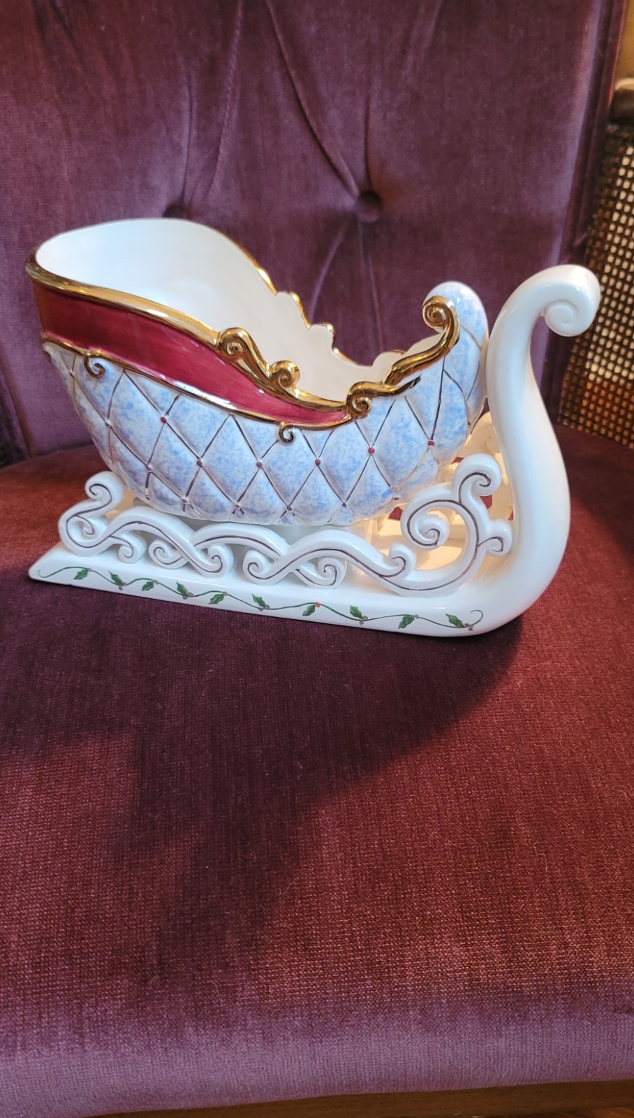Vintage 1990s Holiday Christmas Ceramic Sleigh 10" long x 4" wide x 6" tall