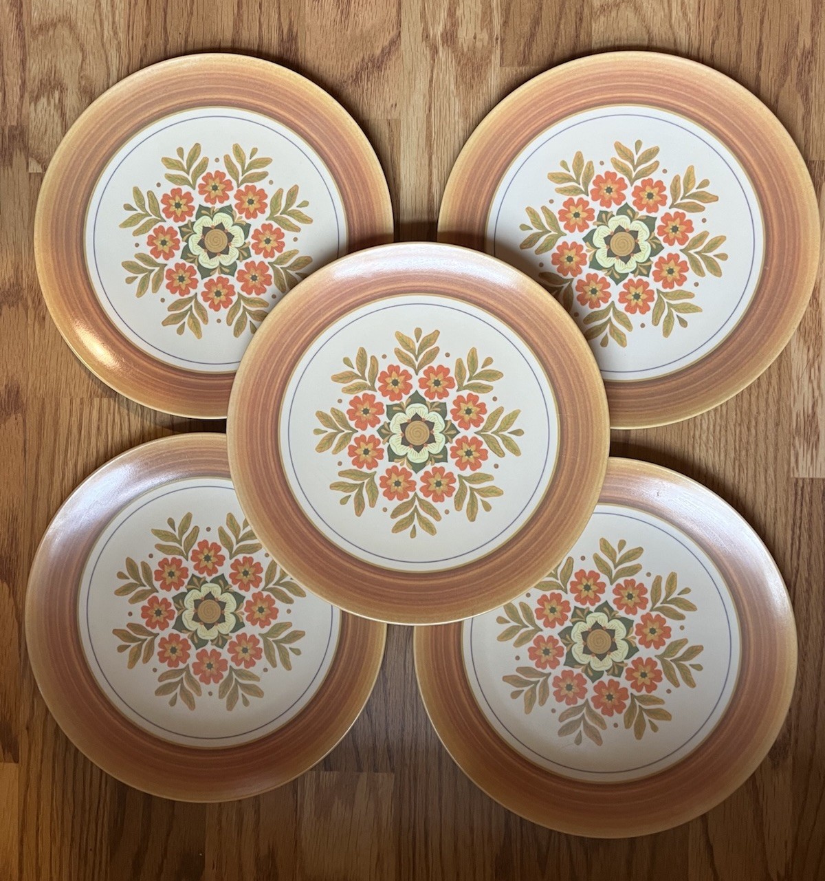 Set of 5 VTG 1970s MCM Genuine Melamine Flower Plates Orange 9.5" Made in USA