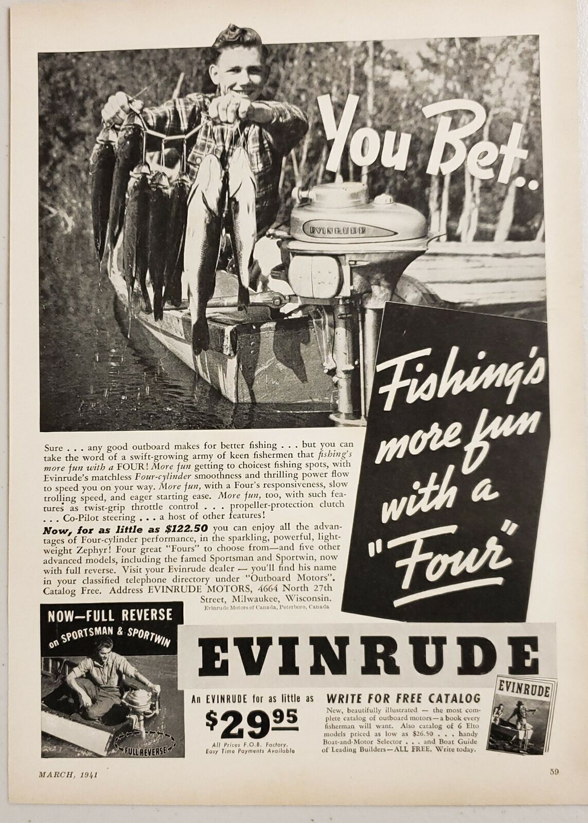 1941 Print Ad Evinrude 4-Cylinder Zephyr Outboard Motors Stringer of Bass 1941 Print Ad Evinrude 4-Cylinder Zephyr Outboard Motors Stringer of Bass