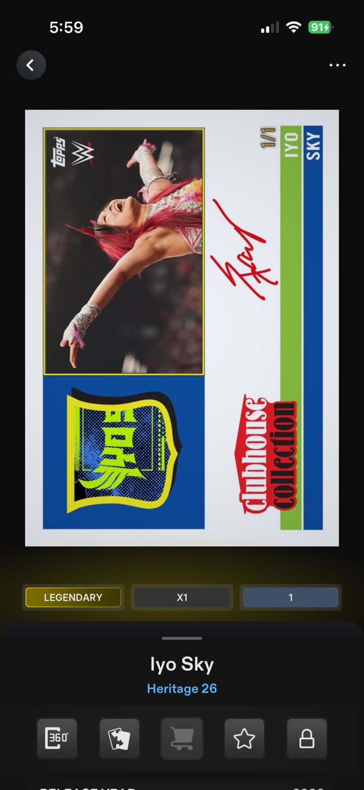 Topps WWE Slam 2026 Heritage S2 Clubhouse Sig Superstar Relic Iyo Sky 1/1