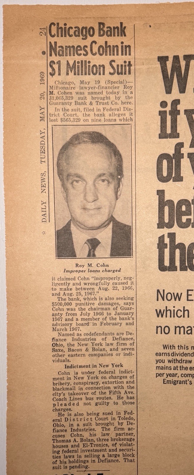 Vintage 1969 - Roy Cohn - Mafia Lawyer - New York Daily News Newspaper Article Vintage 1969 - Roy Cohn - Mafia Lawyer - New York Daily News Newspaper Article
